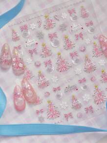 1 件粉色糖果金属星星圣诞树烟花球蝴蝶结手杖热压雪花冬季指甲贴纸指甲修复贴纸