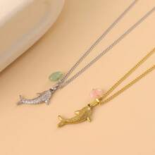 1pc Women's Stainless Steel Beach & Ocean Themed Shark Pendant Necklace With Natural Stone, Simple Everyday Necklace