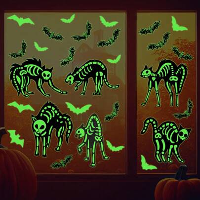 1 set d'autocollants luminescents pour fenêtre d'Halloween avec chauves-souris, squelettes et chats. Décorations d'Halloween pour la maison, décalcomanies adhésives lumineuses pour fenêtres, décoration d'Halloween, décoration d'automne, décoration de chambre, décoration murale, stickers muraux