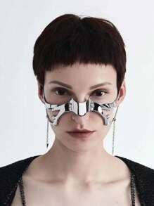 1 Set European & American Fashionable Cyberpunk Metal Face Mask, Unique Design Asymmetric Fluid Mechanical Earrings & Adjustable Lip Ring