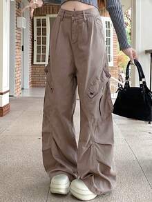 美式复古风格宽松阔腿工装裤/牛仔裤，绿灰色，冬季休闲装