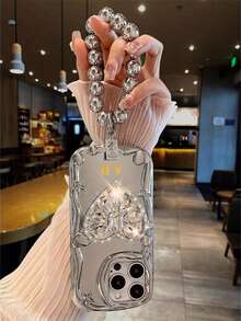 1 套 3 件（手机壳 + 支架 + 挂绳）个性化字母定制手机壳，一套水钻闪亮心形支架适用于 电镀银色新款手链手机绳手机壳套装，定制字母名称，复古纯色情侣手机壳 - 銀色 - 查看 4