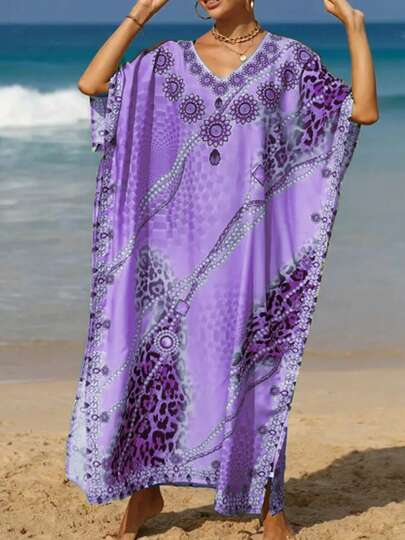 Plus Size Bohemian Style Women's Robe V-Neck Leopard And Paisley Print Dress Summer Elegant
