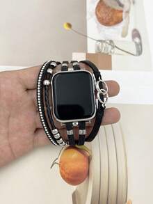 1pc Adjustable Length Multi-Strand PU Leather Watch Band With Rhinestones, Boho Style Metal Wrist Strap Compatible With 38/40/41/42/44/45/49mm Watches For Ultra/SE/Series 9/8/7/6/5/4/3/2/1 - Black - View 6