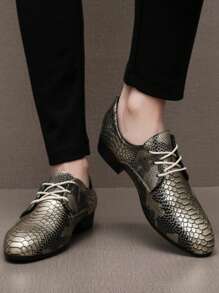 尖头男士真皮正装鞋，亮面蛇皮纹，正式系带牛津鞋，适合婚礼和商务活动，欧式风格