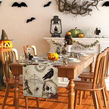 1 pieza Camino de mesa gótico vintage de Halloween de 33x183cm, mantel con calaveras de azúcar y rosas, decoración del Día de los Muertos para comedor, bufanda de cocina retro de terror, suministros para fiesta de esqueletos, tela de poliéster impermeable, decoración de otoño, decoración de Halloween, decoración de hogar - Multicolor - Ver 3