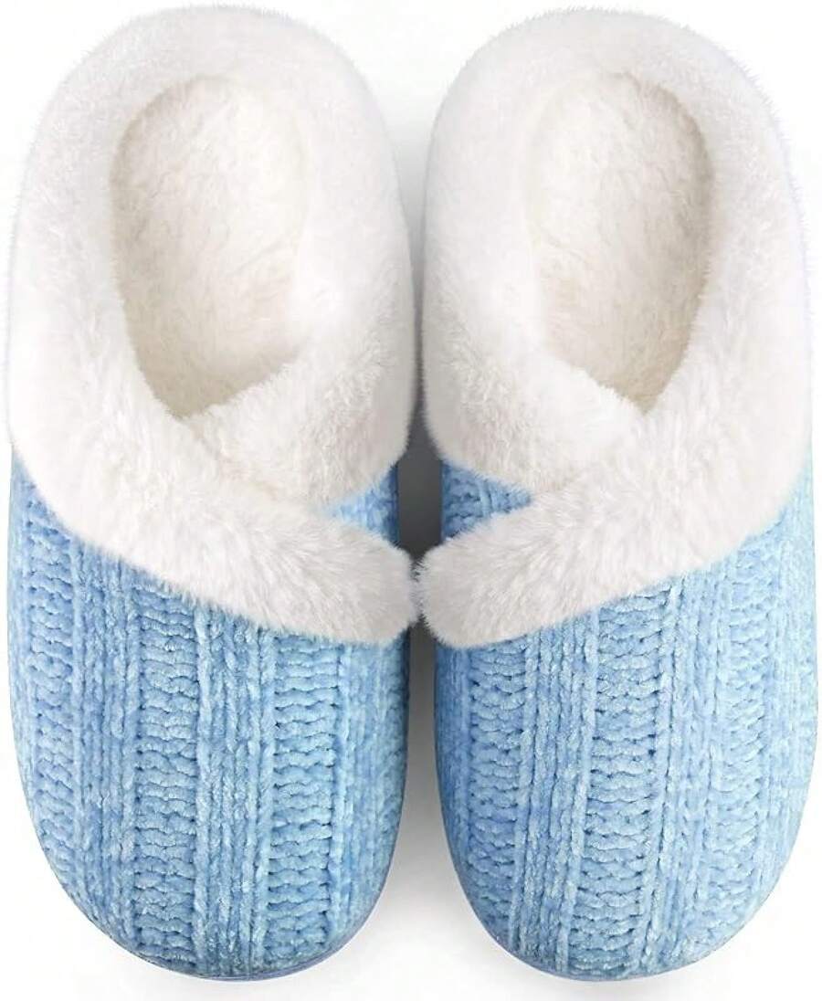Women's Fuzzy Slip-On Slippers Indoor And Outdoor Use, Comfy Foam, Anti-Skid Rubber Hard Sole - Blue - View 1