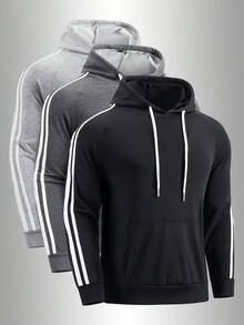 Sudadera de moda con bloques de color para hombres, adecuada para otoño/invierno, uso casual, deportivo y de fitness - Negro - Ver 2