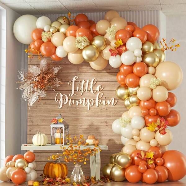 115pcs/46pcs Set Of 18inch/10inch/5inch Orange, Skin-Tone, Champagne Gold Metallic Latex Balloon Arch Kit, Pumpkin Style Balloon Wreath With Orange Balloons In Assorted Sizes, Birthday, Wedding, Autumn Decor, Halloween Decoration, Shower Decor Balloons