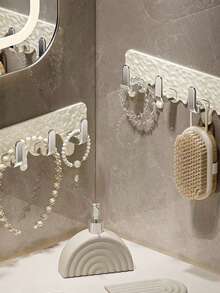 1pc Cream Colored Triple Hook Adhesive Bathroom Wall Hanging Rack, No Drilling Required