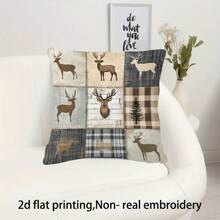 1 Stück/2 Stücke Hirsch Patchwork Kissenbezug im Landhausstil, umkehrbar in rustikalen neutralen Farben, verschiedene Größen erhältlich, Leinengemisch, Reißverschluss, maschinenwaschbar, gewebter Polyester, künstlerisch bedruckter Kissenbezug, geeignet für Wohndekoration