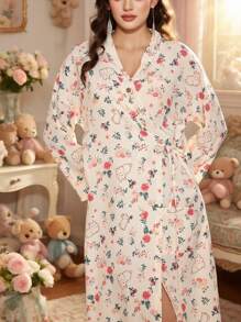 Damska sukienka-szlafrok w kwiaty – długi rękaw, dekolt w serek, miękka koszula nocna do domu i na jesień
