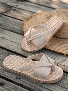 宽楦蝴蝶结时尚凉鞋，防滑沙滩拖鞋，女士大码，适合夏季日常穿着、派对和户外活动。 - 米色 - 查看 5