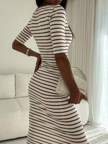 Casual Fashion Women's Striped Print Round Neck Dress - Brown - View 2