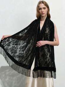 1 Stück Samt Schal mit Blumen Spitze Paisley Muster, modischer Party Schal, warmer Quasten Schal - Verschiedenfarbig - Übersicht 2