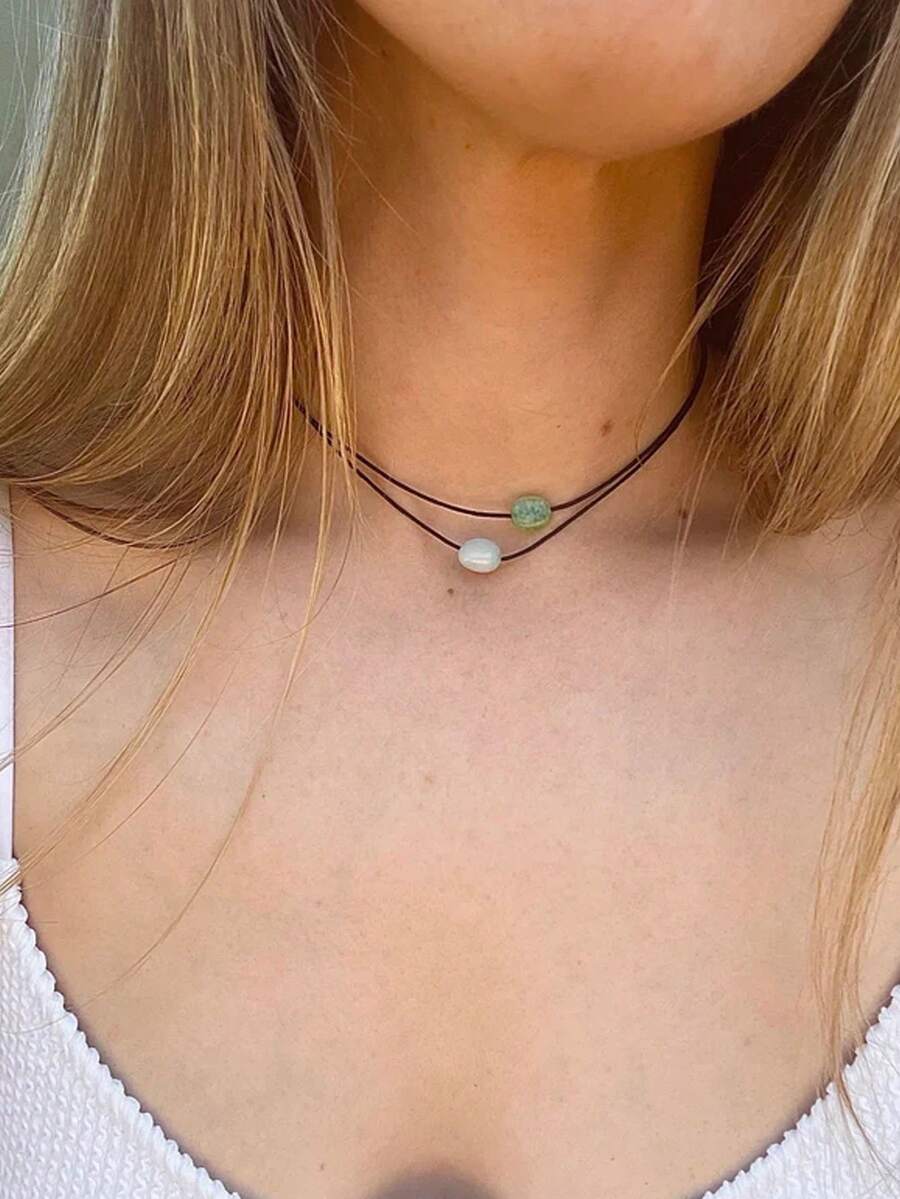 可调节编织项链，黑色绳子搭配天然石珠，波西米亚风格水晶吊坠项链，男女皆宜的礼物 - 彩色 - 查看 1