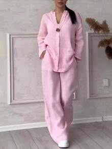 2025 Summer Fashionista V-Neck Long Sleeve Long Pants Multicolor Cotton And Linen Women's Suit - White - View 6