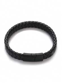 1pc Pure Black Matte Finish Black Buckle Men's Pu Leather Bracelet, Titanium Steel Punk Braided Wristband