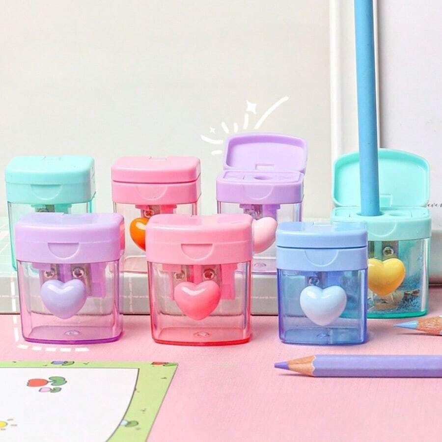 Double Hole Pencil Sharpener Pencil Sharpener Macaron Cute Four-Color Love Rotating Transparent Pencil Sharpener With Lid