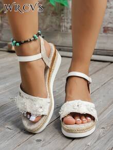 WRCVS 白色系带编织坡跟凉鞋，夏季厚底绳底时尚度假凉鞋，蝴蝶装饰，水钻点缀学生波西米亚风格厚底鞋 - 白色 - 查看 3