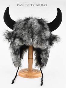 Halloween Plush Horns Hat, Warm Windproof Earflap Trapper Hat For Autumn/Winter
