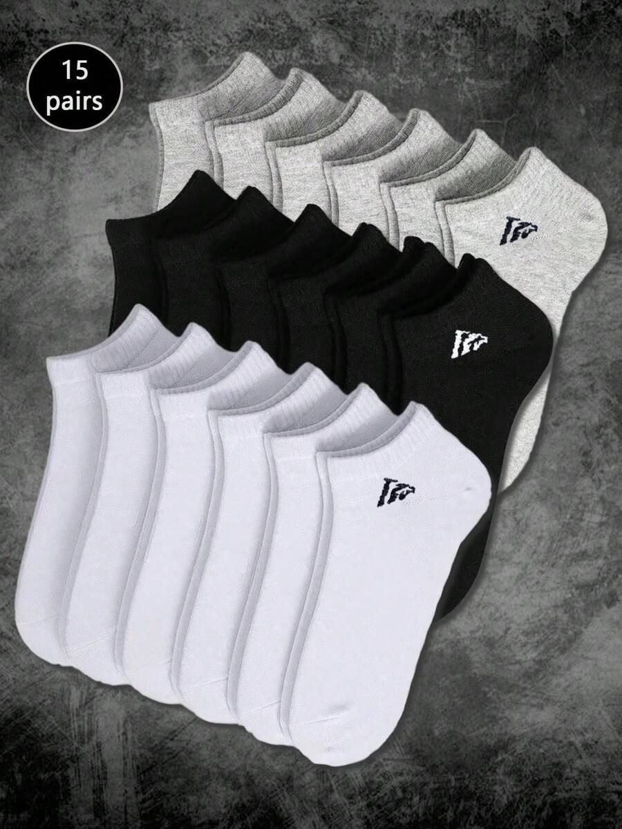 15 Pairs Solid Black, White, Grey Short Socks, Fashionable Minimalist Sports Socks, Invisible Ankle Socks, Suitable For Daily Wear And Outdoor Activities All Season Christmas Gift