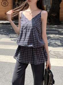 韩版V领复古格纹可调节肩带收腰中长双层吊带连衣裙 夏季优雅 - 藏蓝色 - 查看 3