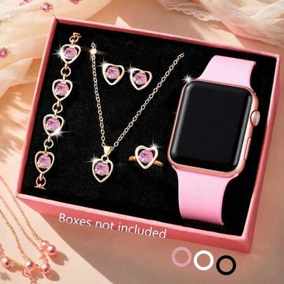 Bộ 6 món trang sức và đồng hồ điện tử LED kỹ thuật số thời trang tối giản kèm đá quý, phù hợp cho thanh thiếu niên, học sinh trung học và phổ thông, đồ dùng cần thiết cho mùa tựu trường. Bao gồm dây chuyền, vòng tay, bông tai và nhẫn.