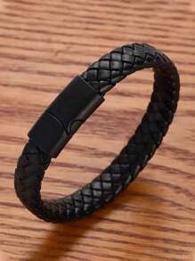 1pc Pure Black Matte Finish Black Buckle Men's Pu Leather Bracelet, Titanium Steel Punk Braided Wristband
