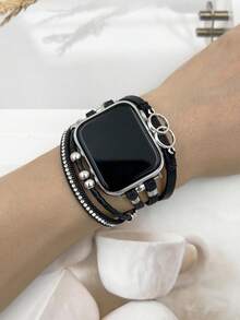 1pc Adjustable Length Multi-Strand PU Leather Watch Band With Rhinestones, Boho Style Metal Wrist Strap Compatible With 38/40/41/42/44/45/49mm Watches For Ultra/SE/Series 9/8/7/6/5/4/3/2/1 - Black - View 5