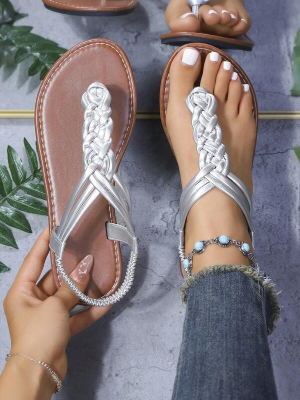 Women's Handmade Woven Round Toe Fashion Slippers, Solid Color Bohemian PU Leather Flat Sandals For Beach, Party, Wedding, Office, Home, Outdoor Wear, Summer