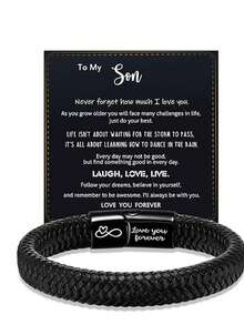 To My Son Inspirational Bracelet Gift From Mom Dad Always Remember You Are Braver Braided Leather Bracelet For Teen Boy From Mother, Adjustable,To Son Gift, Christmas Gift - Black - View 9