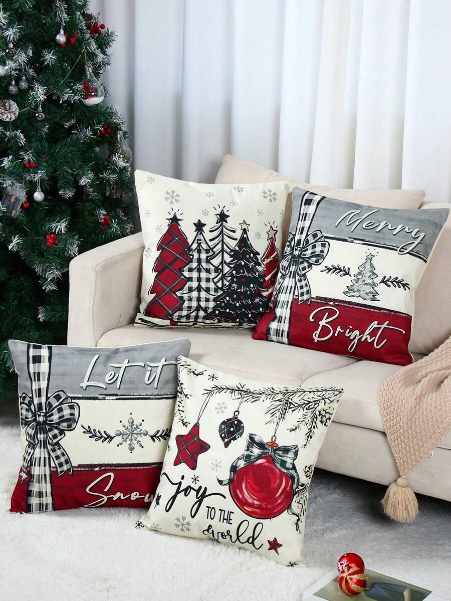 4pcs Christmas Throw Pillow Covers - 18 X 18 Inch Set (Pillow Inserts Not Included) - Christmas Tree, Winter Cottage, Holiday Cheer Bright Cushion Covers, Washable With Zipper Closure - Suitable For Sofa, Patio, Bedroom, All Room Types, Holiday & New Year Decor, Festive Parties, Christmas Party, Holiday Decoration, Party Favors, Home Decor, Fun Christmas Party Decorations, Christmas Holiday, Happy New Year, Christmas Gifts, Christmas Decoration