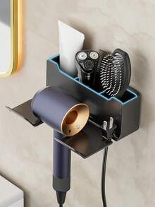 1 pièce Étagère de rangement murale en plastique de 16 cm pour salle de bain, support sans perçage pour sèche-cheveux, organisateur multifonction pour sèche-cheveux, peigne, cosmétiques et pinceaux de maquillage, étagère de salle de bain à grande capacité, support mural pour sèche-cheveux avec crochet, étagère de rangement de salle de bain sans perçage, organisateur d'outils de coiffure, décoration pratique de salle de bain, accessoires de salle de bain - Multicolore - Voir 5