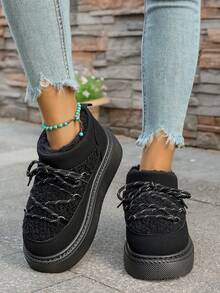 2025 女式黑色新款时尚舒适休闲百搭学院风运动风圆头仿毛加厚保暖防滑厚底系带户外雪地靴，秋冬 - 黑色 - 查看 3