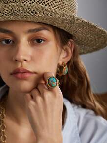 Juego de joyas vintage chapado en oro de 18 quilates con collar, aretes y anillo con diseño bohemio de conchas, mapa náutico y colorido