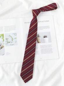 1 Pc Men's Casual Striped Polyester Necktie, Suitable For Formal And Business, Burgundy & Navy Stripe - Multicolor - View 13