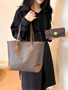 2 件套女士时尚提花托特单肩包和钱包套装，大容量，中年 - 棕色 - 查看 2