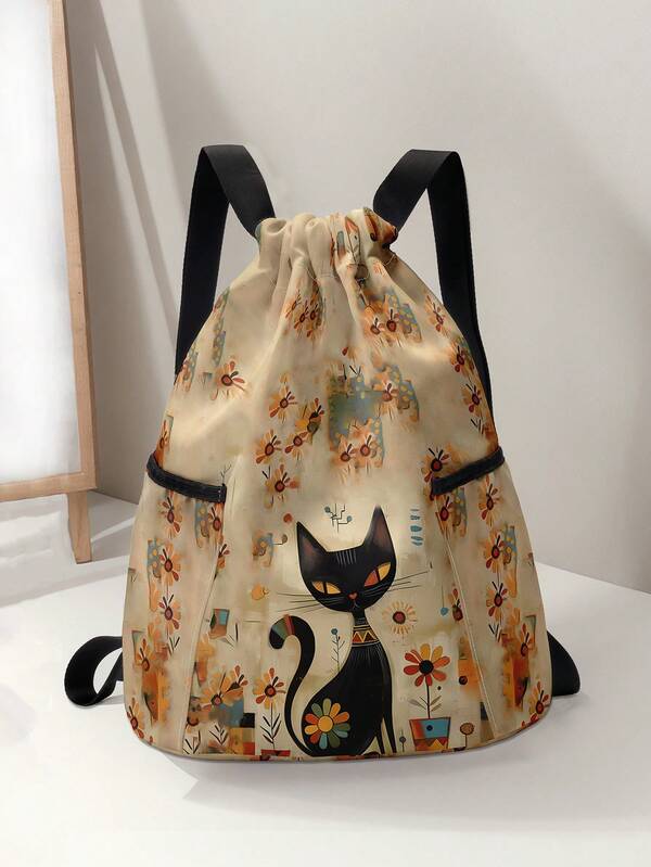 1pc Cat Print Drawstring Bag, Sports Gym Bag, Backpack For Fitness, Sport, Travel, Swimming, Beach - Unisex