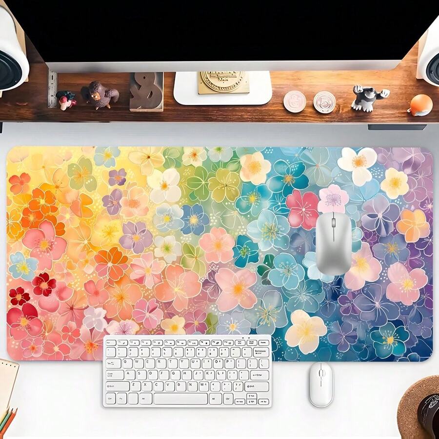 YUFZX 1 件装可爱花朵鼠标垫彩色花卉艺术鼠标垫大号桌垫带缝边防滑橡胶底座办公桌配件键盘垫适用于家庭办公室装饰桌垫 35.4x15.7 英寸可作为圣诞节、万圣节礼物送给女性朋友男性朋友