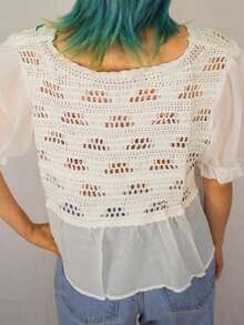 Blusa bordada de mujer, con cuello en V, botones, diseño con flores, para primavera/verano. - Blanco - Ver 2