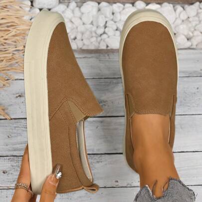 Fashionable Women Casual Slip-On Sport Shoes Solid Color Versatile Sneakers, Slouchy Minimal White Shoes For All Seasons