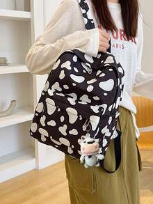 1 pieza Mochila de gran capacidad de uso versátil y multifuncional con compartimento para portátil, estilo clásico y a juego, con estampado de patrón de piel de vaca a todo color, de alta calidad en nylon, con correas ajustables, bolsillos espaciosos, impermeable y con diseño de correa para equipaje - Negro - Ver 7