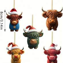 2D Flat, 5PCS Highland Cow Christmas Ornament - Cute Acrylic Cow Theme Tree Ornament To Add Joy To The Holidays - 5件套 - 查看 1