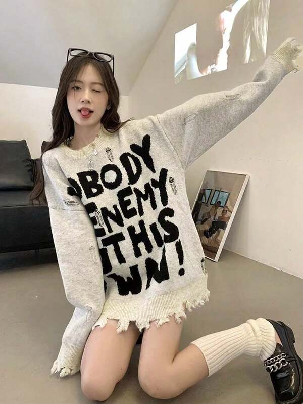 美式做旧毛衣女，秋冬新款设计文字宽松中长袖针织上衣，