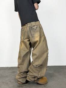 1pc Vintage Distressed Wide Leg Jeans, Loose & Comfortable American Streetwear Fashion, Suitable For All Seasons (Belt And Accessories Not Included) - Bronze - View 8