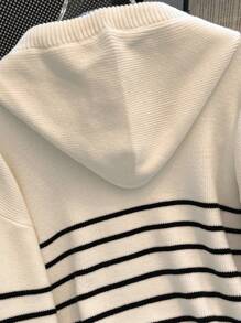 秋冬撞色条纹学院风双面拉链连帽休闲宽松针织开衫 - 白色 - 查看 5