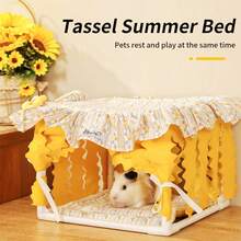 ITANDME 小型动物床，豚鼠藏身处，兔子藏身处，透气仓鼠床，带花卉图案的刺猬床，可机洗软垫，室内宠物避暑小屋 - 彩色 - 查看 7