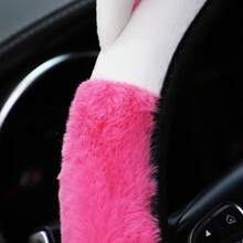 Car Steering Wheel Cover, Fluffy Soft For Winter Warm, Cute Steering Wheel Protector With Kitty Cat Ears, Universal 15 Inch, Elastic & Anti-Slip, Lovely Decor Car Accessories (Pink) - Hot Pink - View 3