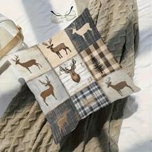 1 Stück/2 Stücke Hirsch Patchwork Kissenbezug im Landhausstil, umkehrbar in rustikalen neutralen Farben, verschiedene Größen erhältlich, Leinengemisch, Reißverschluss, maschinenwaschbar, gewebter Polyester, künstlerisch bedruckter Kissenbezug, geeignet für Wohndekoration